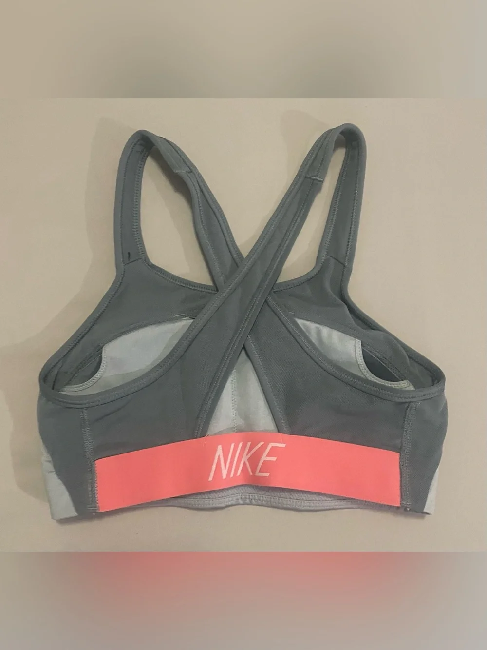 Nike Gray Cross-Back Sports Bra with Coral Logo Band